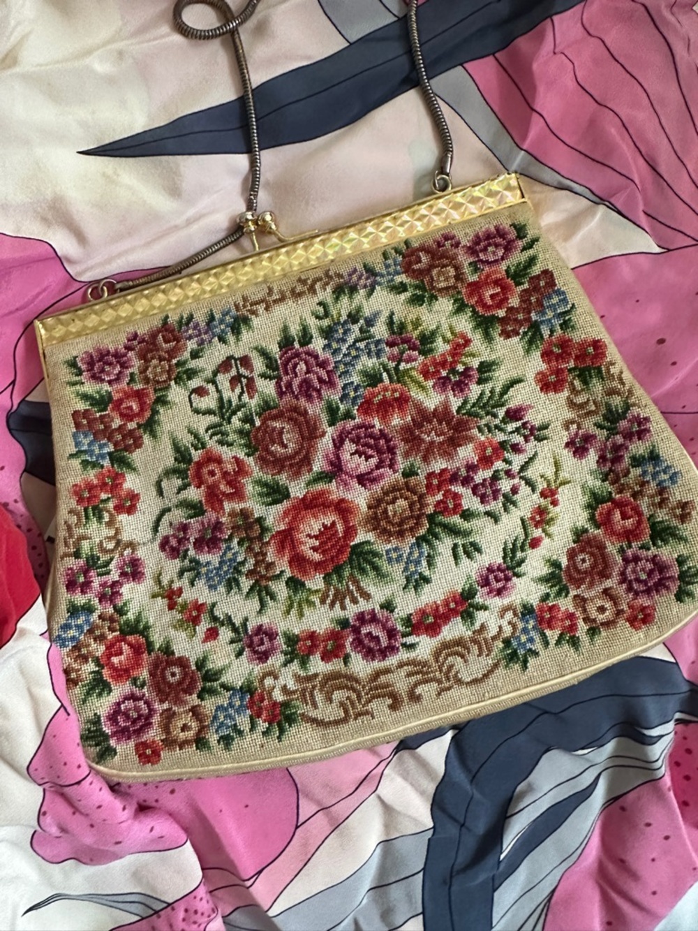 Vintage needlepoint Floral Evening Bag in Cream